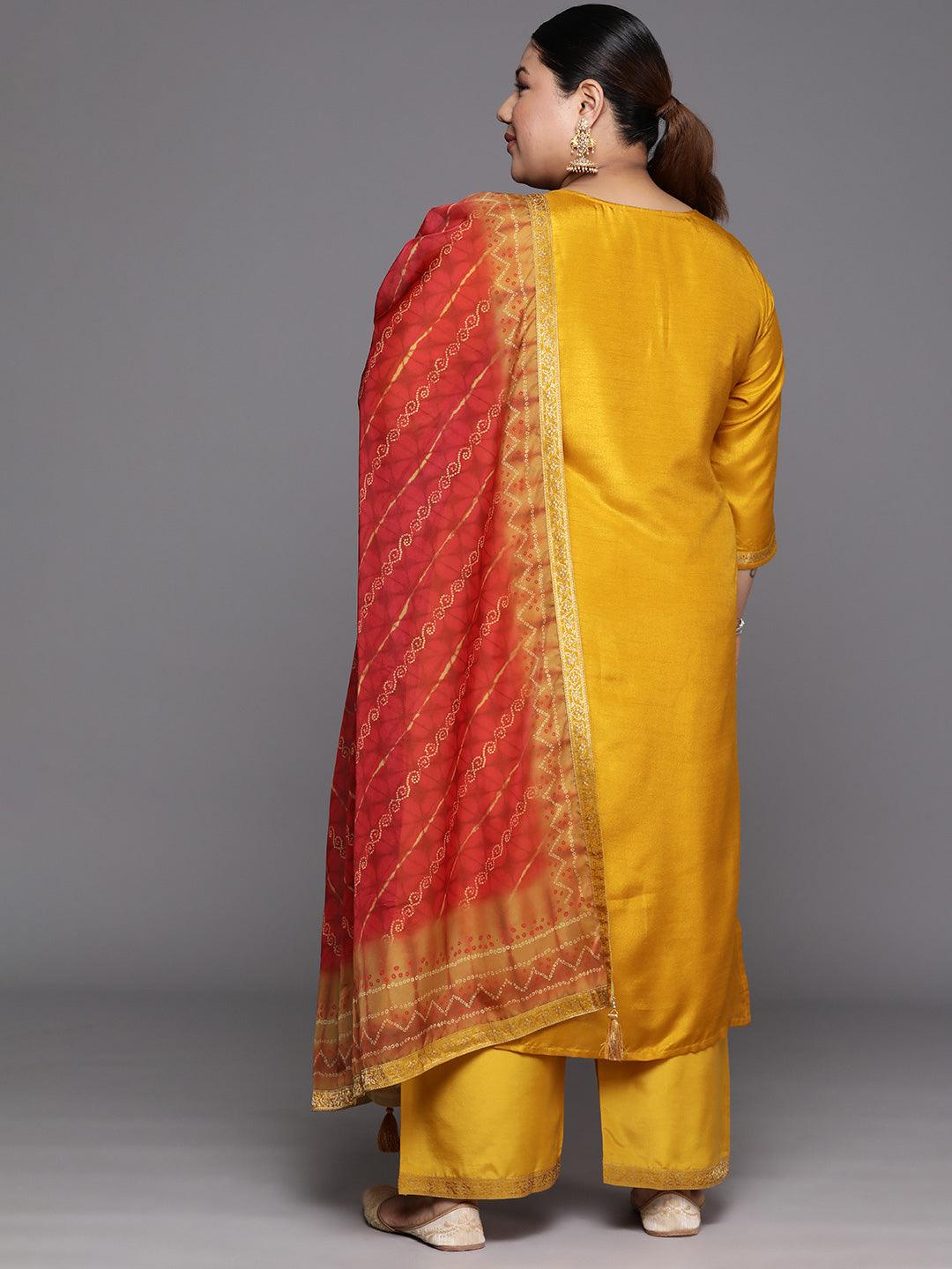 Plus Size Mustard Woven Design Silk Blend Straight Suit Set - Libas