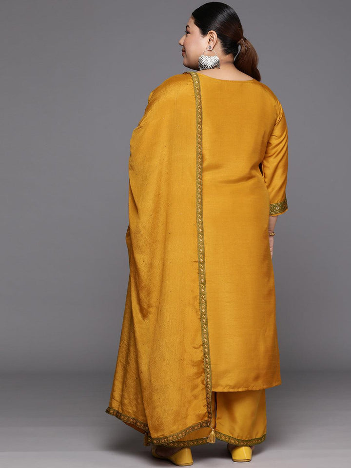 Plus Size Mustard Woven Design Silk Blend Straight Suit Set - Libas