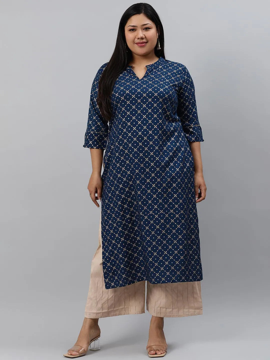 Plus Size Navy Blue Checkered Rayon Kurta - Libas