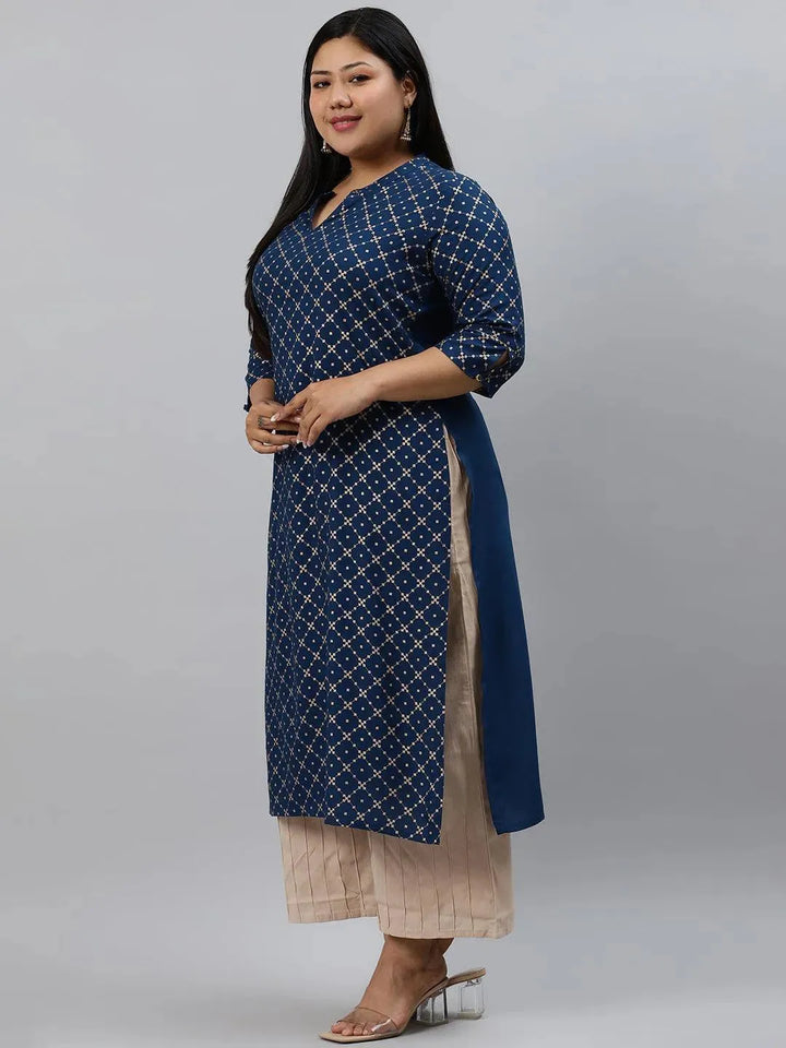 Plus Size Navy Blue Checkered Rayon Kurta - Libas