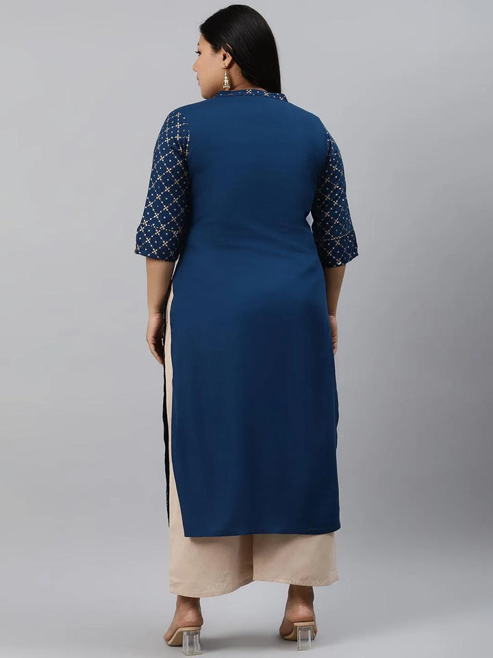 Plus Size Navy Blue Checkered Rayon Kurta - Libas