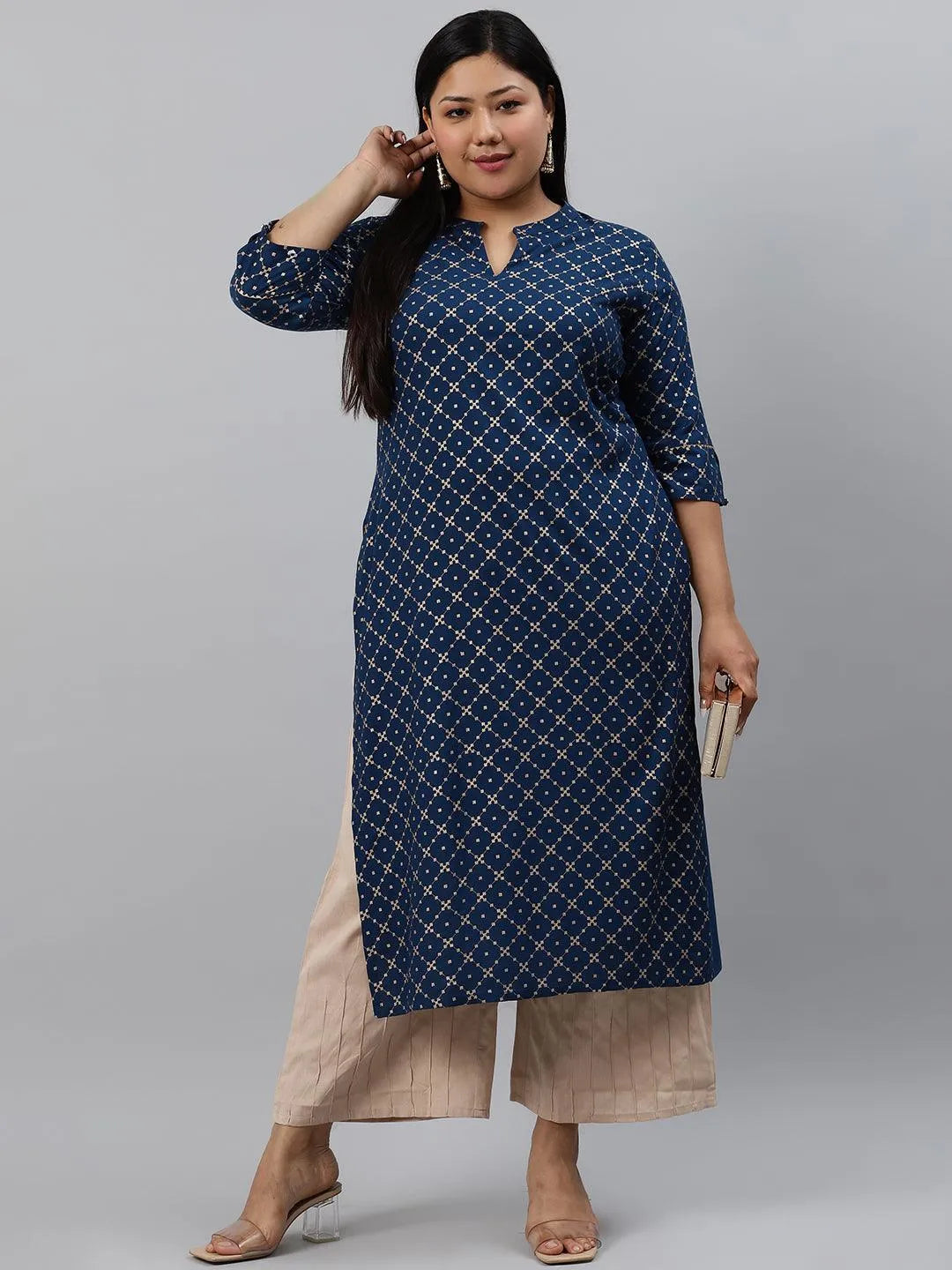 Plus Size Navy Blue Checkered Rayon Kurta - Libas