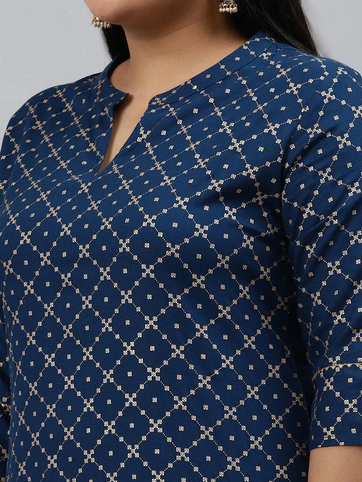 Plus Size Navy Blue Checkered Rayon Kurta - Libas