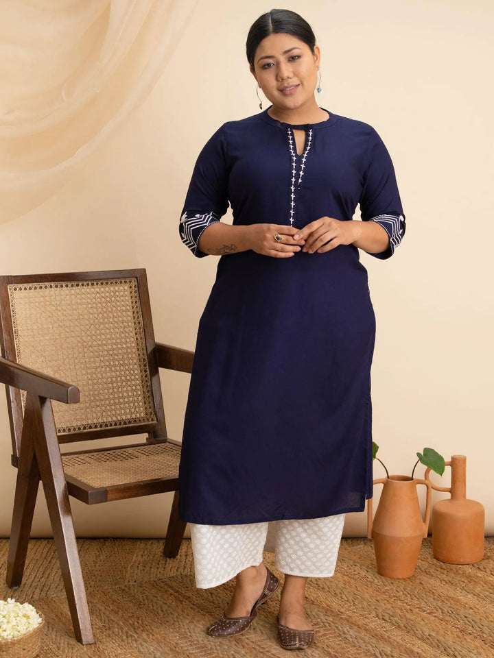 Plus Size Navy Blue Embroidered Rayon Kurta - Libas