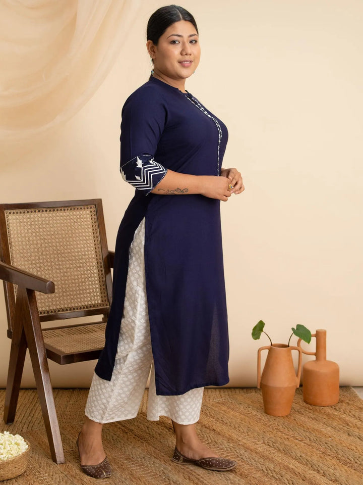 Plus Size Navy Blue Embroidered Rayon Kurta - Libas