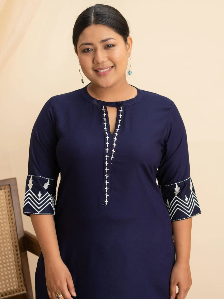 Plus Size Navy Blue Embroidered Rayon Kurta - Libas