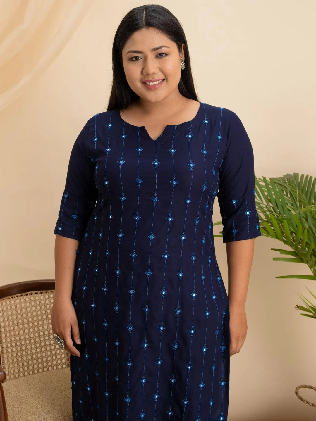 Plus Size Navy Blue Embroidered Rayon Kurta - Libas