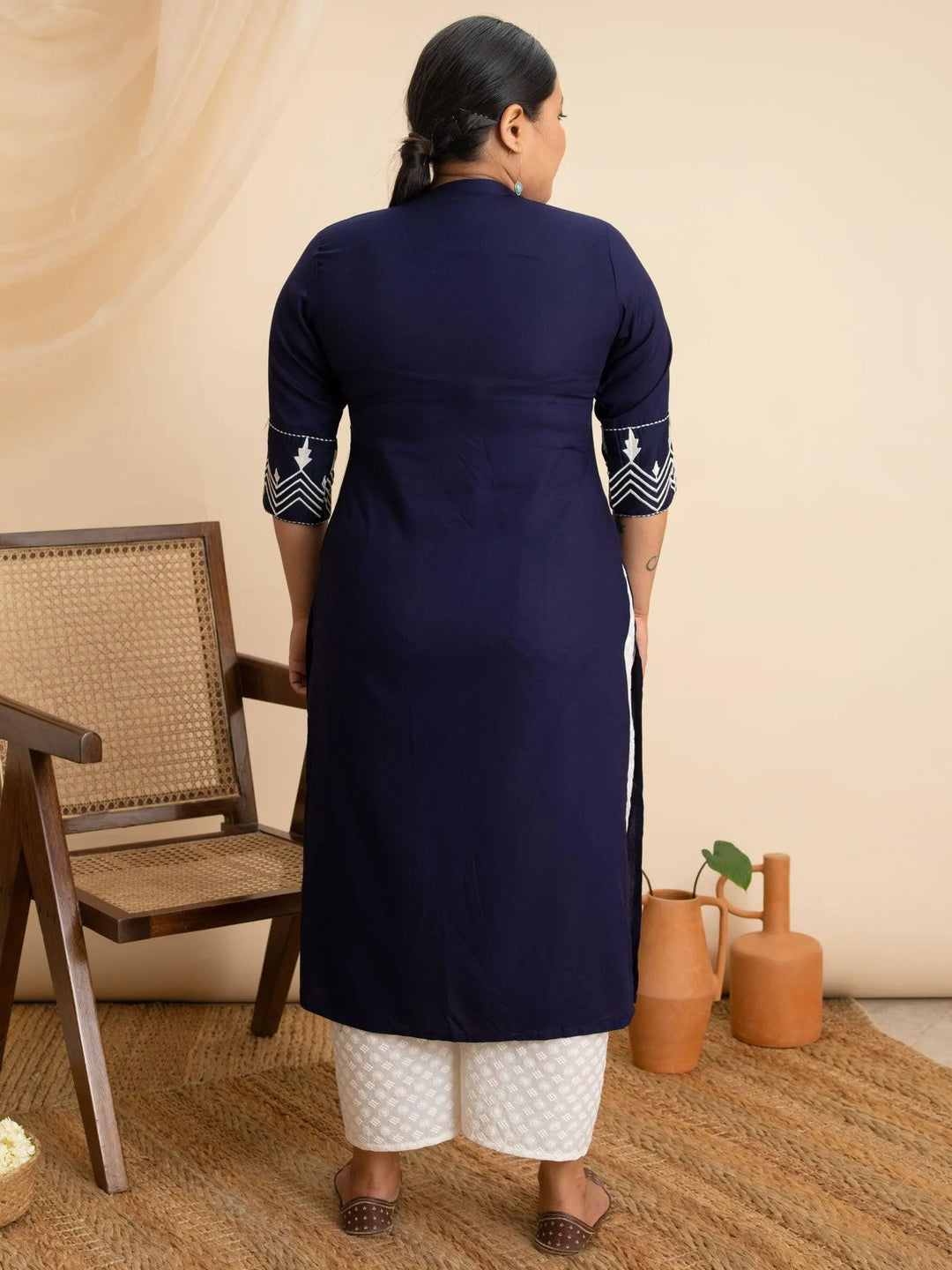 Plus Size Navy Blue Embroidered Rayon Kurta - Libas