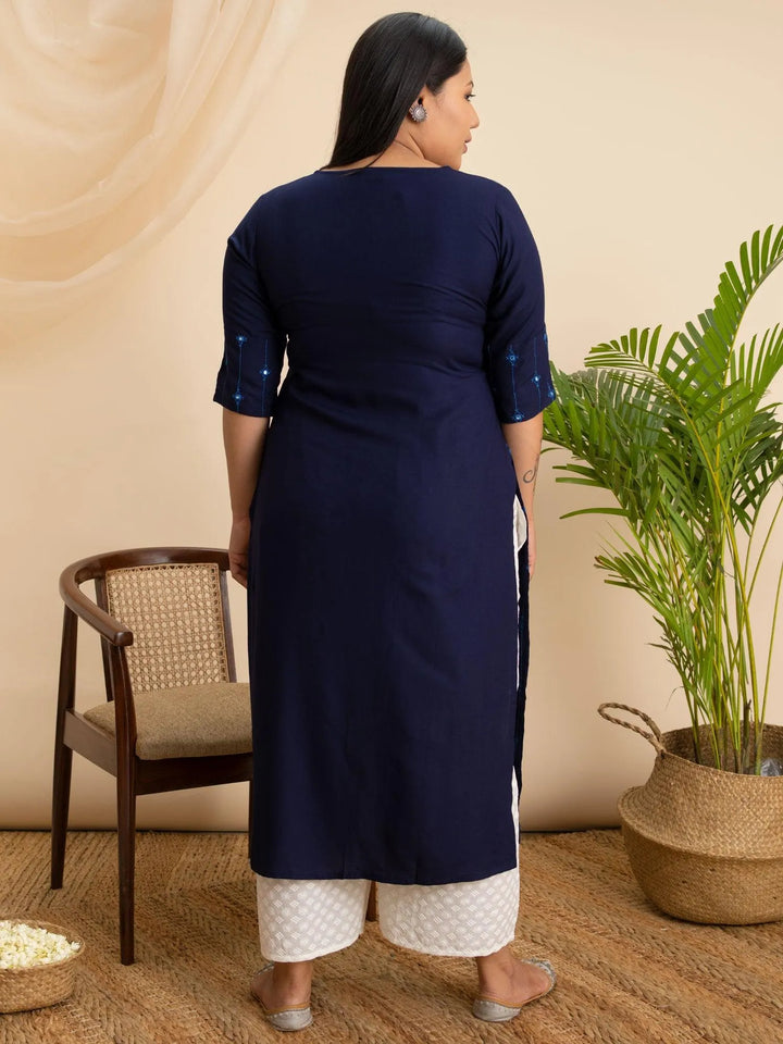 Plus Size Navy Blue Embroidered Rayon Kurta - Libas