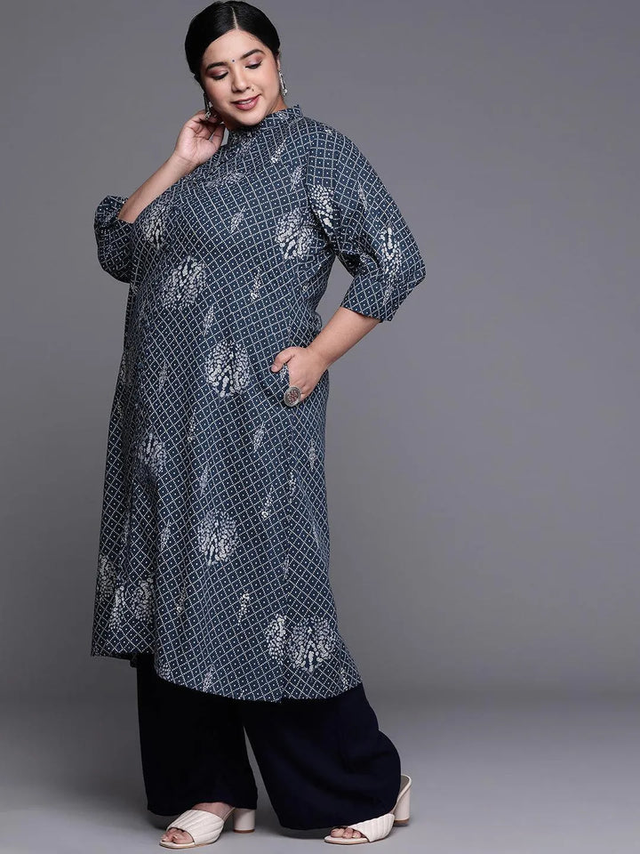 Plus Size Navy Blue Printed Cotton Kurta - Libas