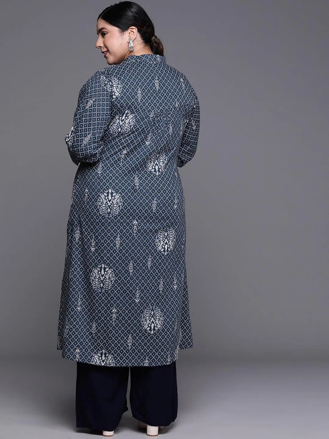 Plus Size Navy Blue Printed Cotton Kurta - Libas