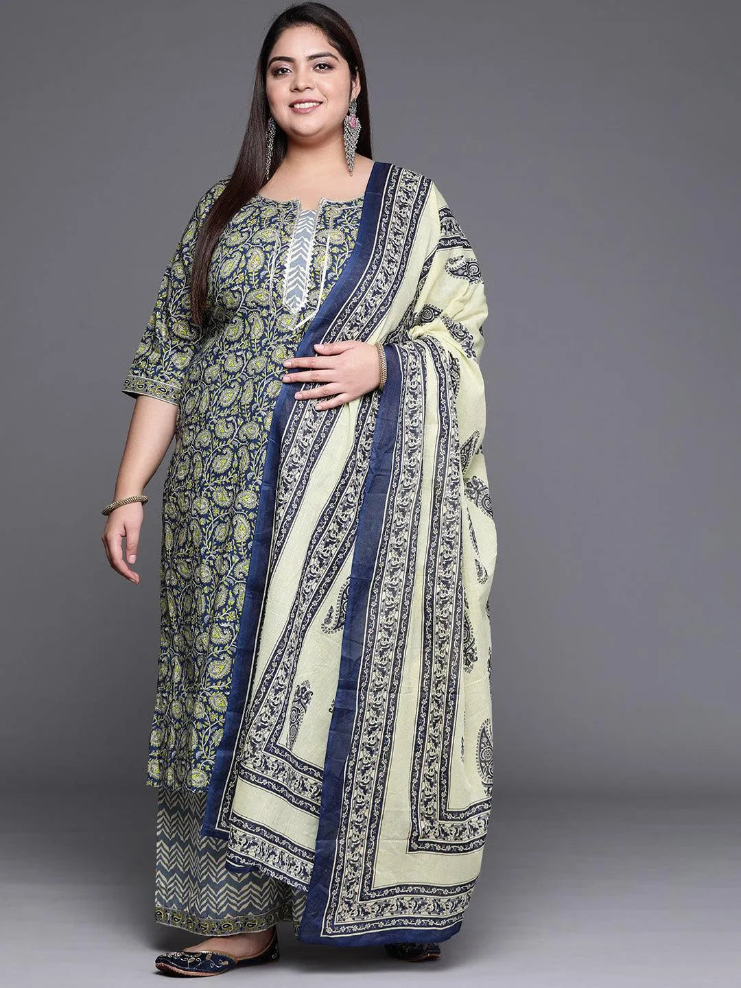 Plus Size Navy Blue Printed Cotton Suit Set - Libas 