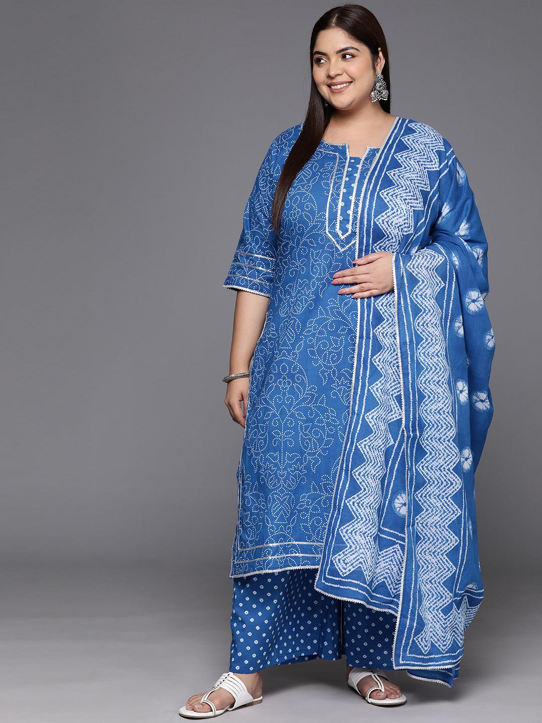 Plus Size Navy Blue Printed Cotton Straight Kurta With Palazzos & Dupatta - Libas