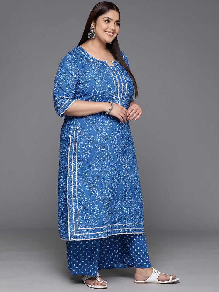 Plus Size Navy Blue Printed Cotton Straight Kurta With Palazzos & Dupatta - Libas