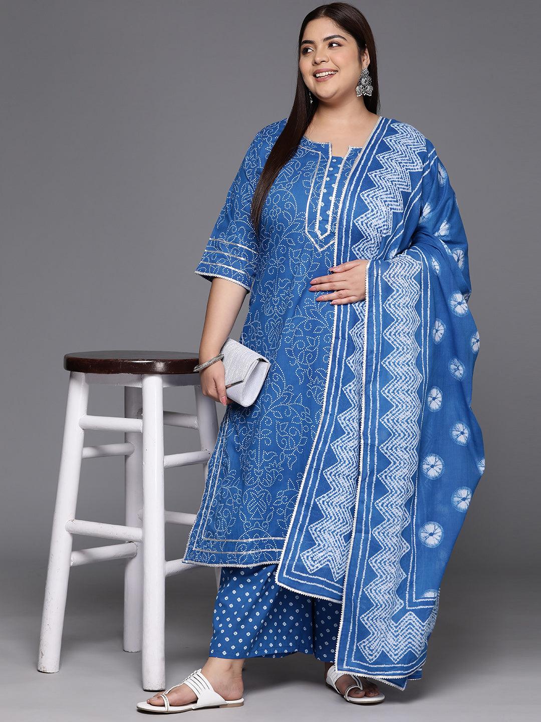 Plus Size Navy Blue Printed Cotton Straight Kurta With Palazzos & Dupatta - Libas