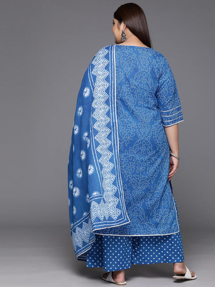 Plus Size Navy Blue Printed Cotton Straight Kurta With Palazzos & Dupatta - Libas