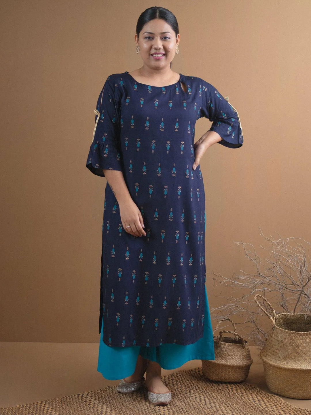 Plus Size Navy Blue Printed Rayon Kurta - Libas