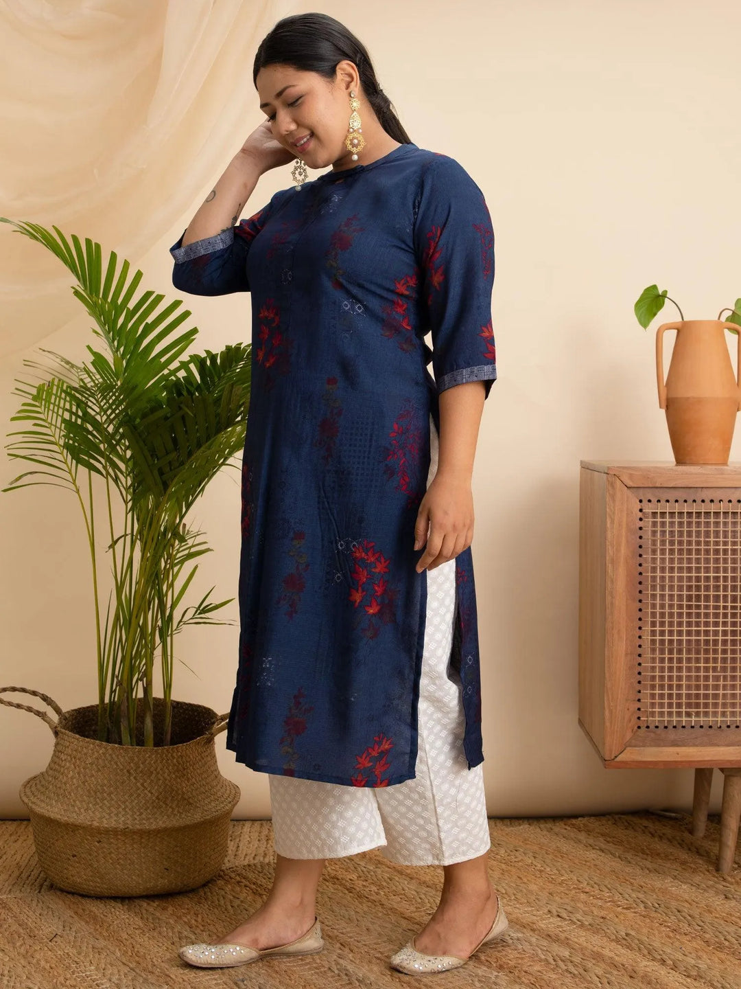 Plus Size Navy Blue Printed Rayon Kurta - Libas 