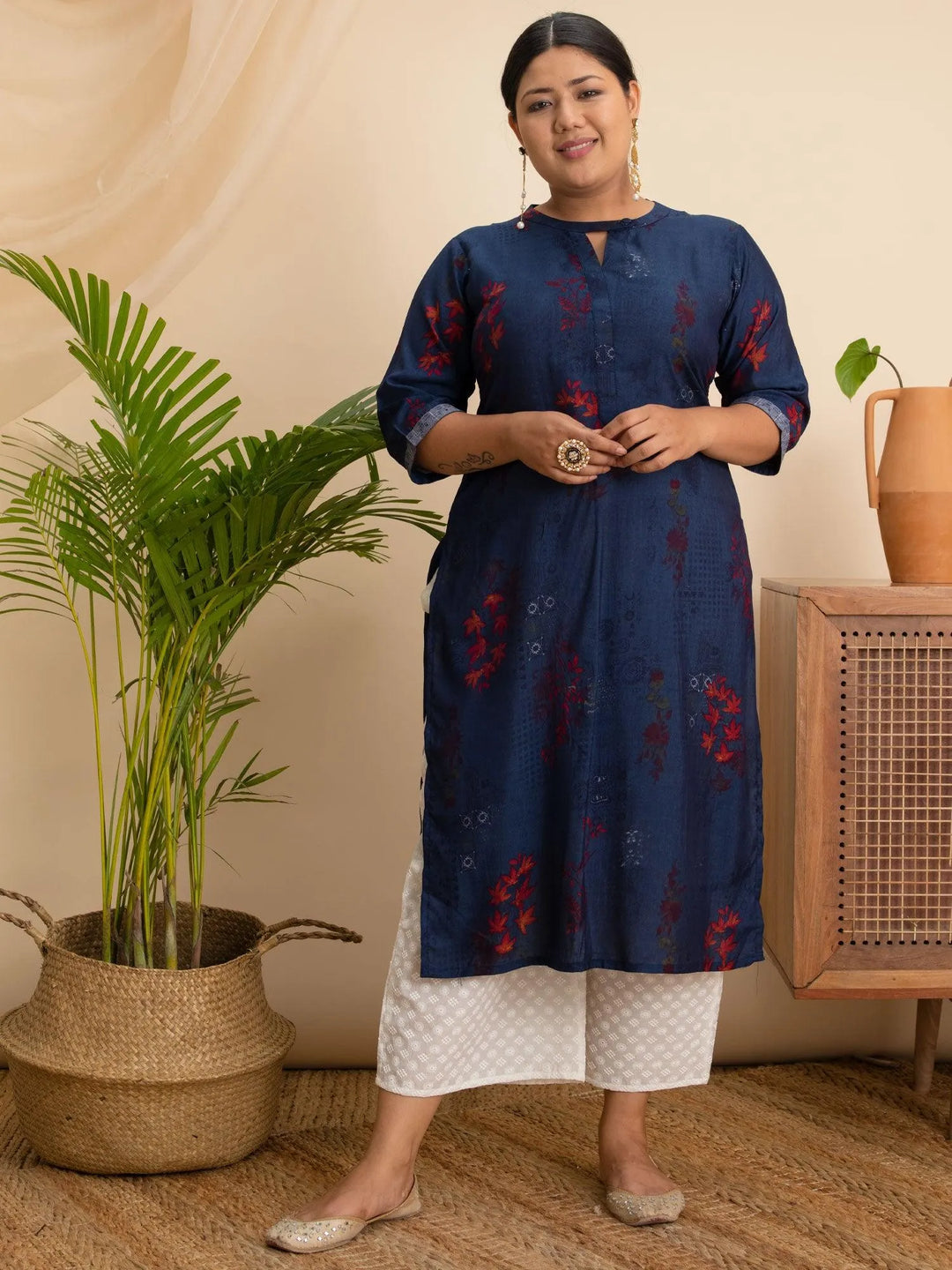 Plus Size Navy Blue Printed Rayon Kurta - Libas 