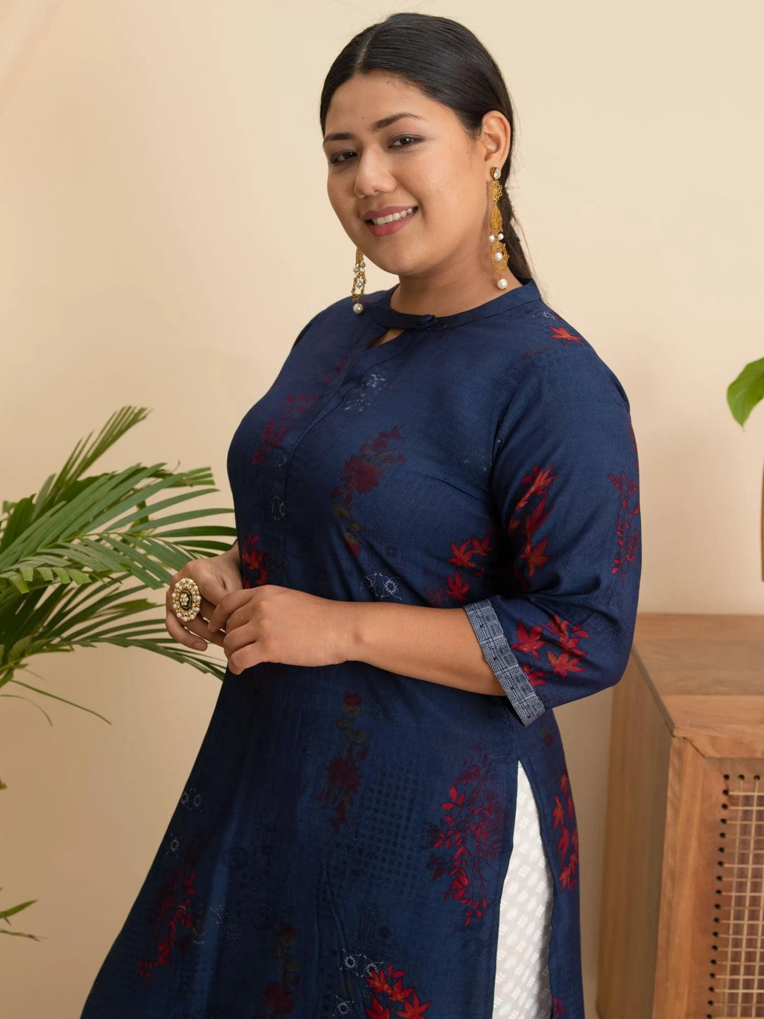 Plus Size Navy Blue Printed Rayon Kurta - Libas 