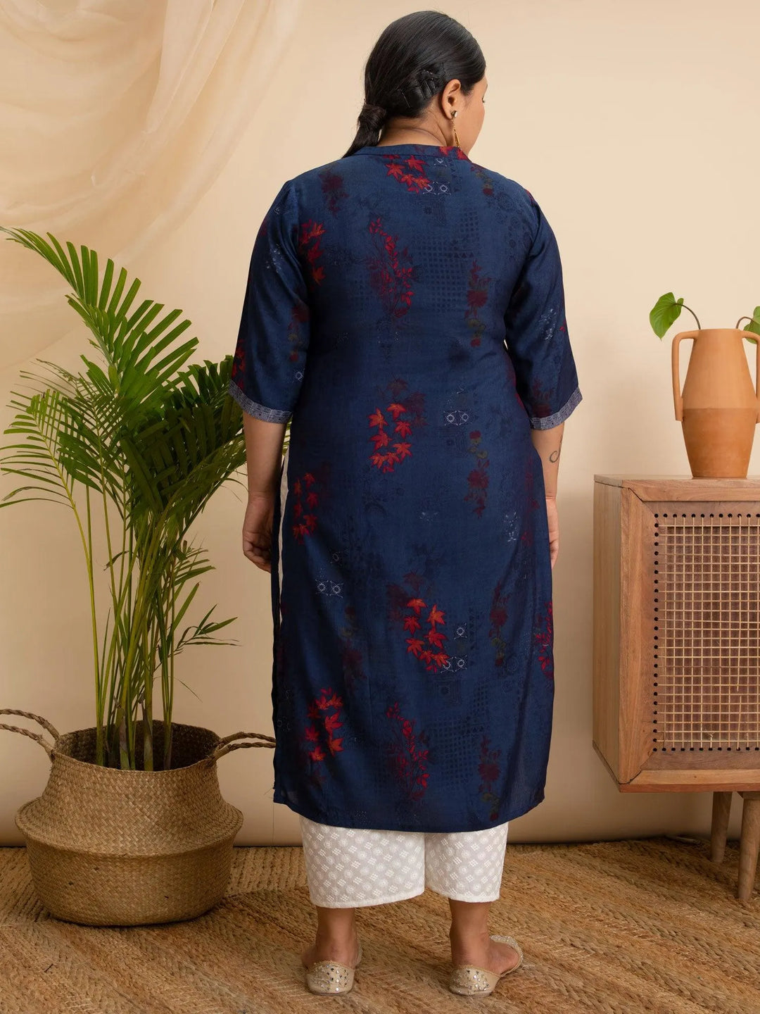 Plus Size Navy Blue Printed Rayon Kurta - Libas 