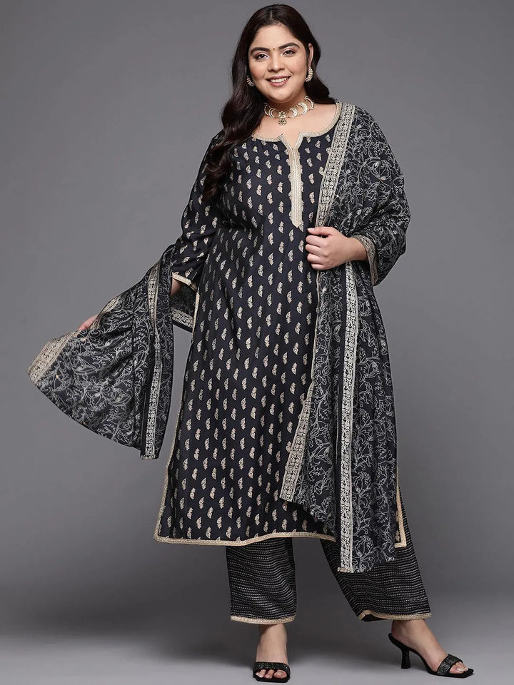 Plus Size Navy Blue Printed Silk Blend Straight Suit Set - Libas