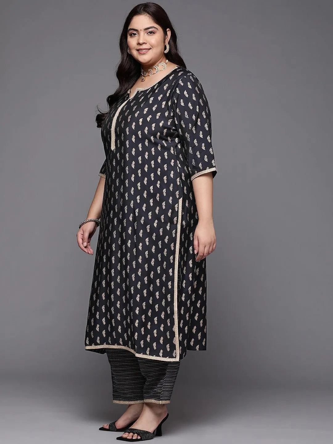 Plus Size Navy Blue Printed Silk Blend Straight Suit Set - Libas 