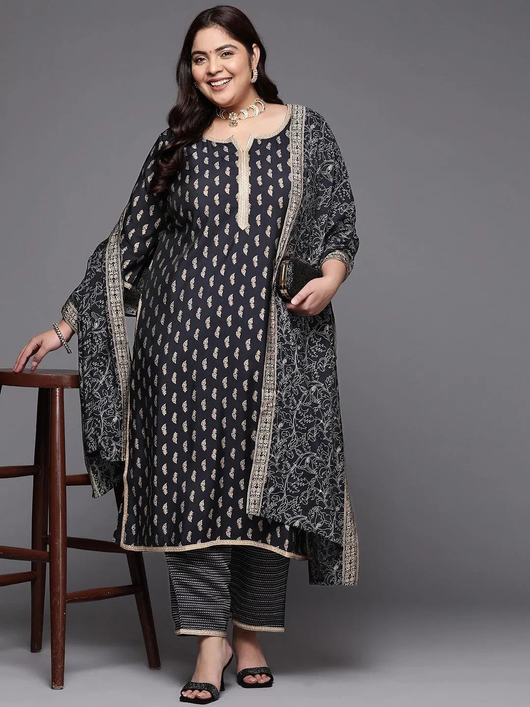 Plus Size Navy Blue Printed Silk Blend Straight Suit Set - Libas 