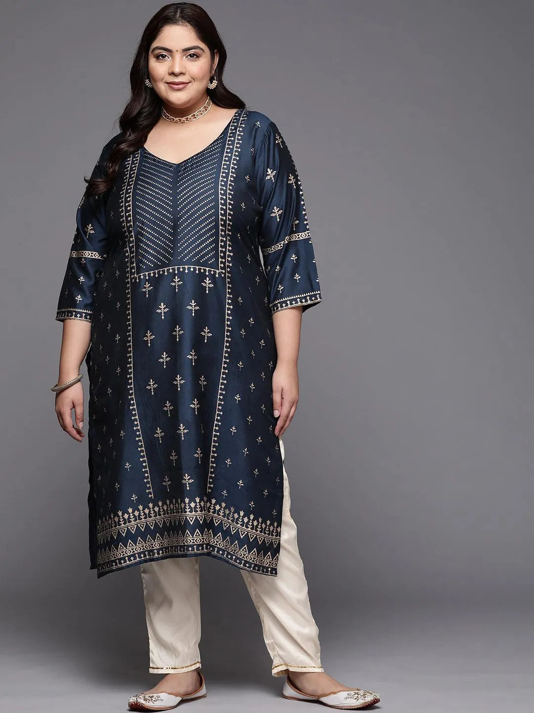 Plus Size Navy Blue Printed Silk Straight Kurta - Libas 