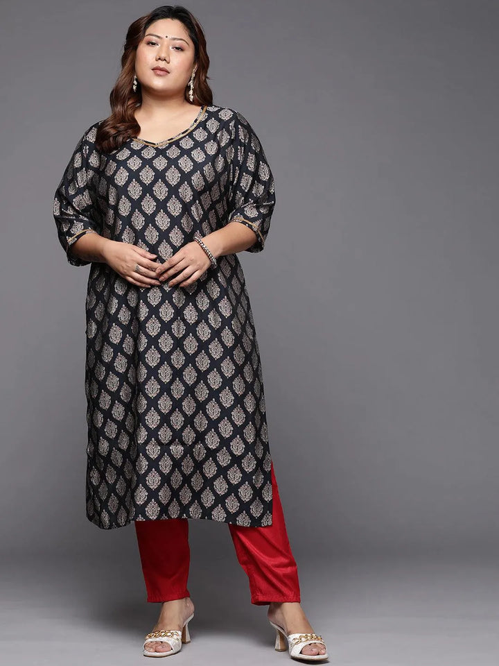 Plus Size Navy Blue Printed Silk Straight Kurta - Libas