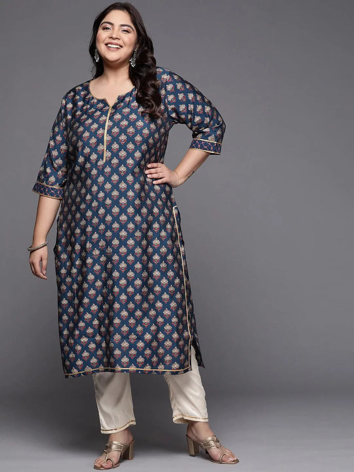 Plus Size Navy Blue Printed Silk Straight Kurta - Libas