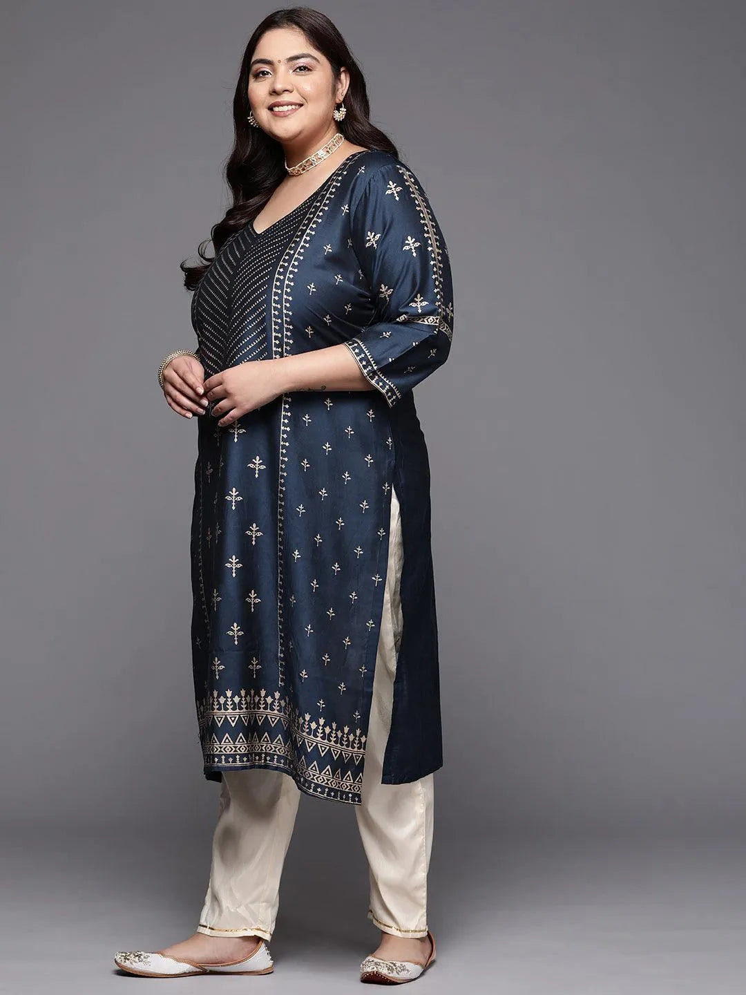 Plus Size Navy Blue Printed Silk Straight Kurta - Libas 