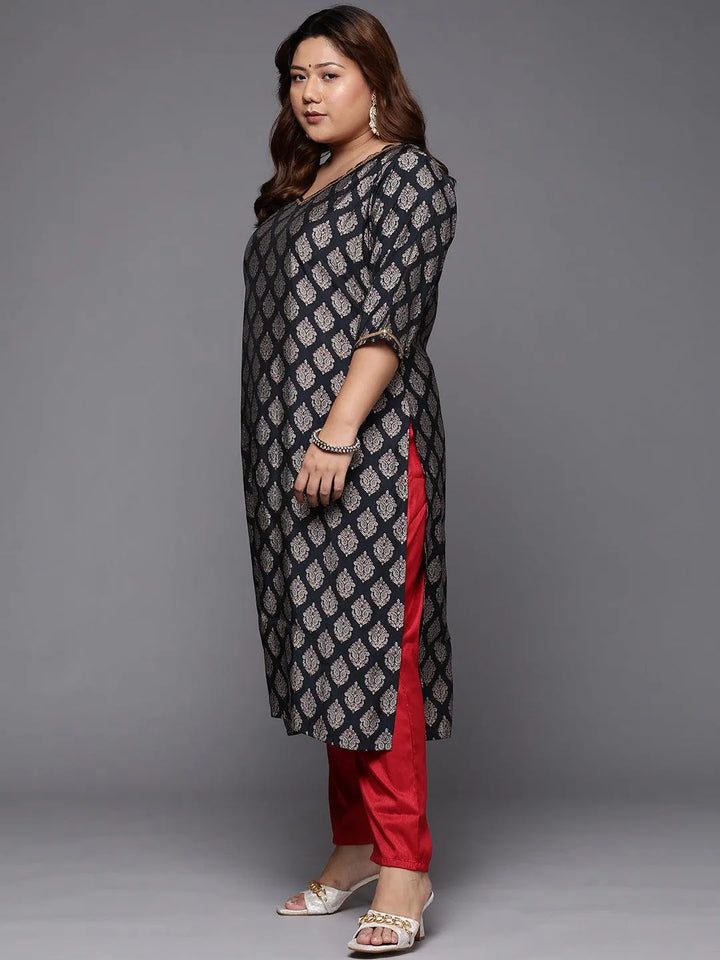 Plus Size Navy Blue Printed Silk Straight Kurta - Libas