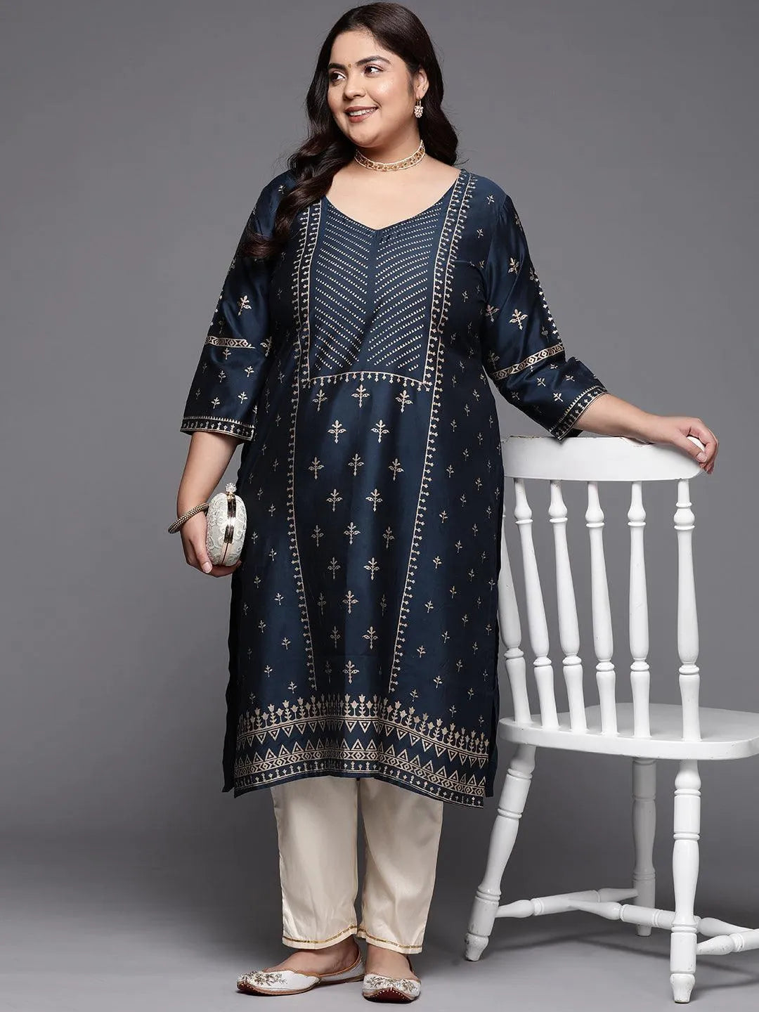 Plus Size Navy Blue Printed Silk Straight Kurta - Libas 