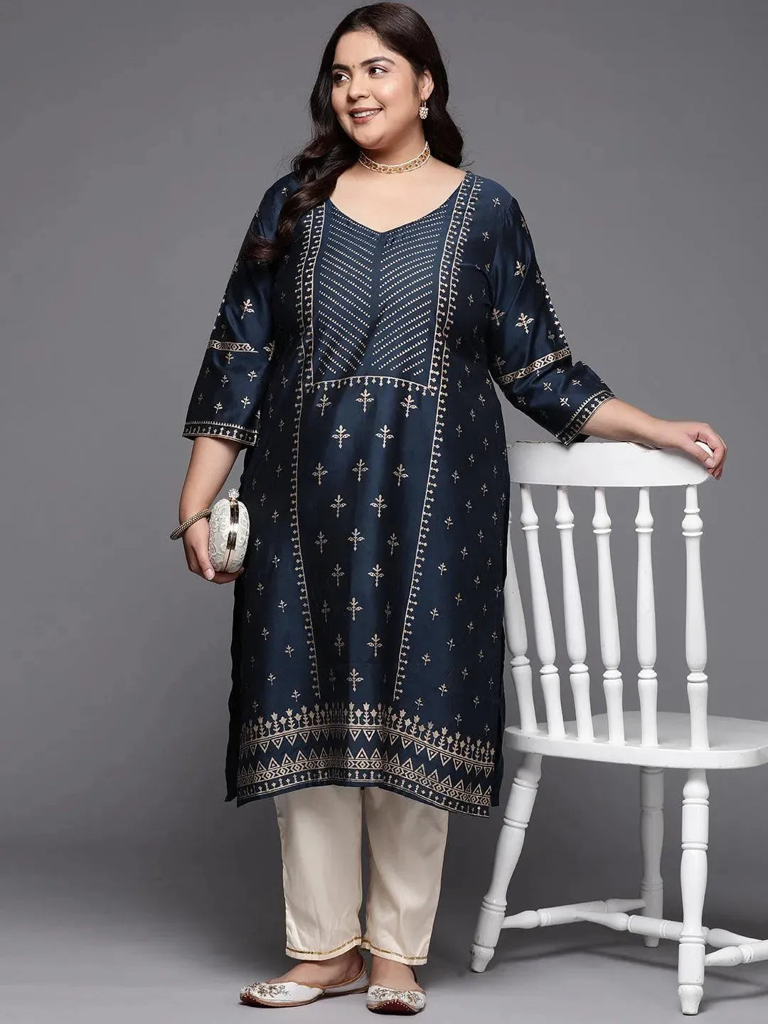 

Plus Size Navy Blue Printed Silk Straight Kurta