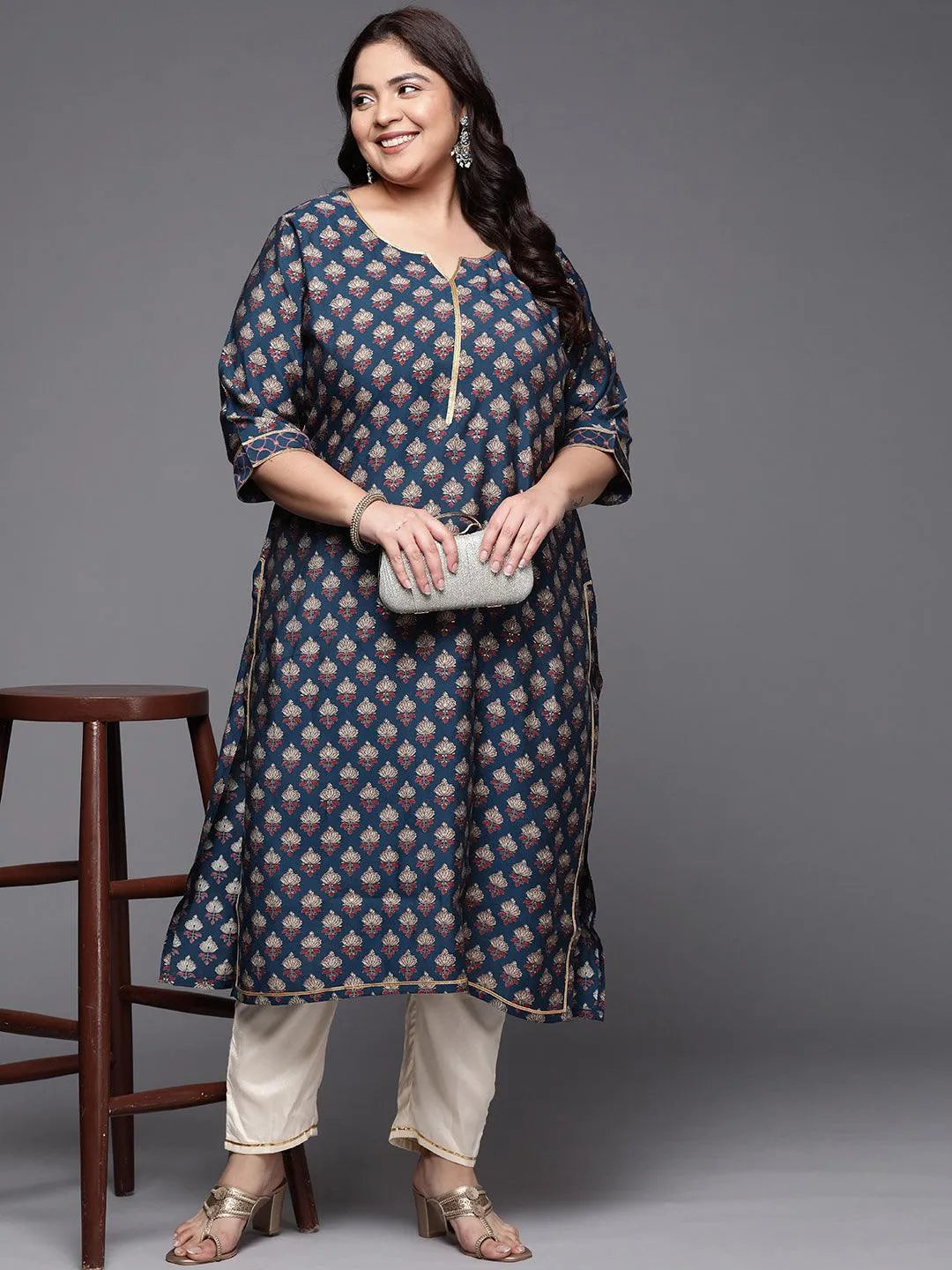 Plus Size Navy Blue Printed Silk Straight Kurta - Libas