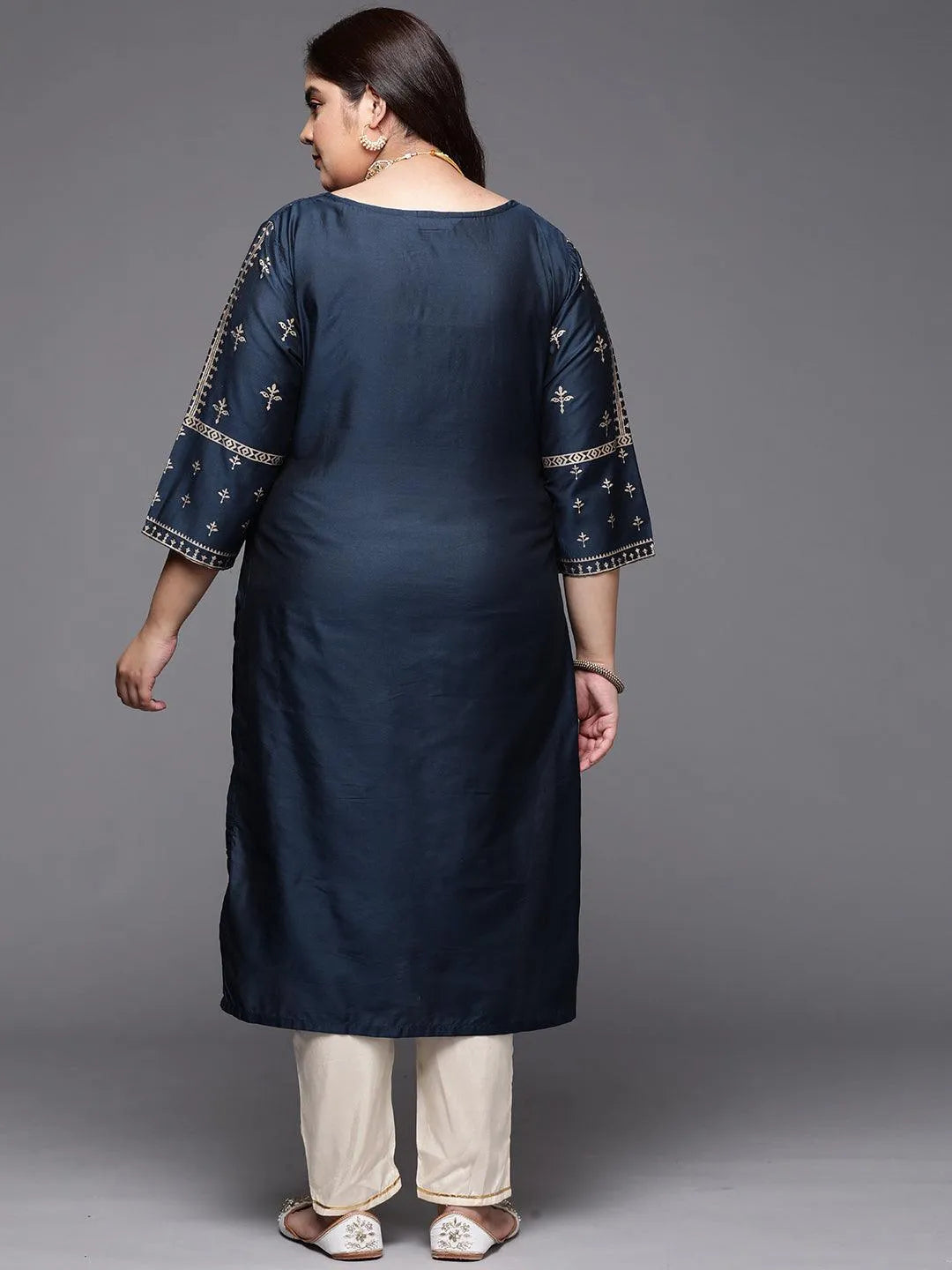 Plus Size Navy Blue Printed Silk Straight Kurta - Libas