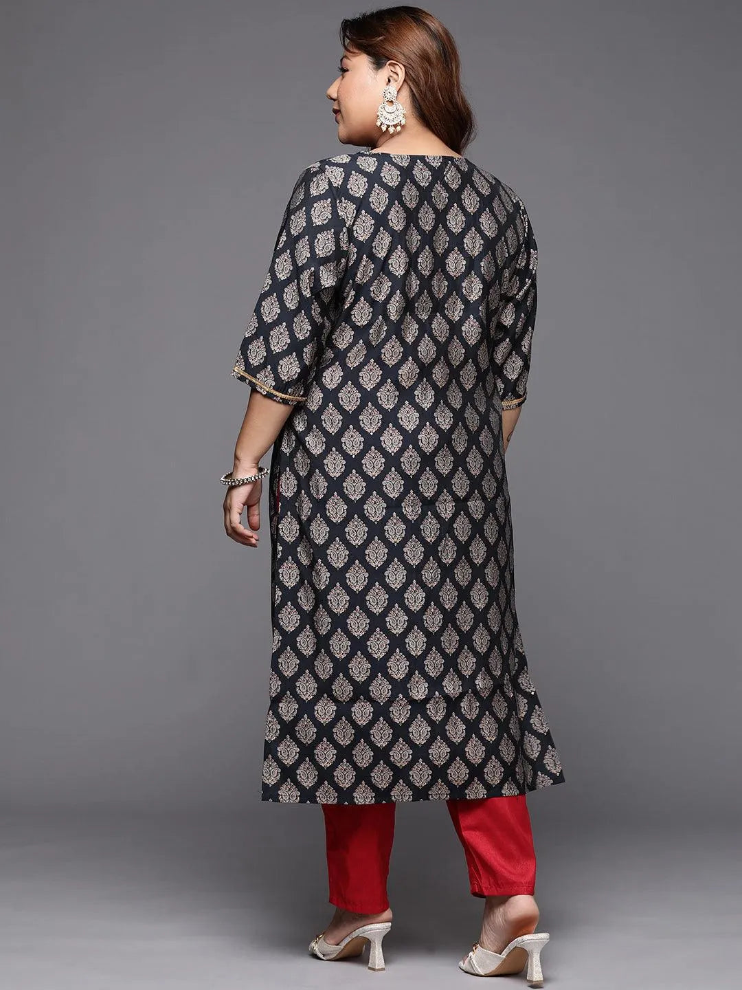 Plus Size Navy Blue Printed Silk Straight Kurta - Libas