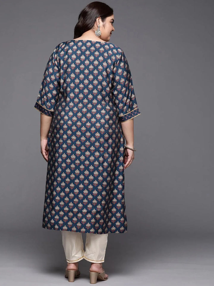 Plus Size Navy Blue Printed Silk Straight Kurta - Libas