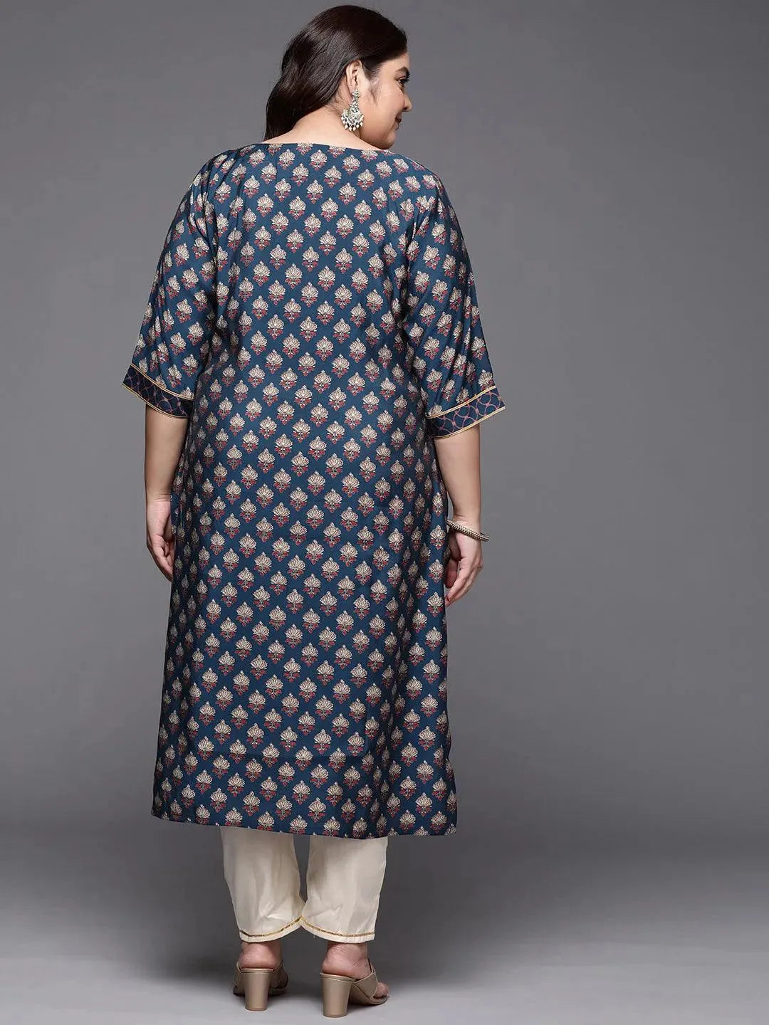 

Plus Size Navy Blue Printed Silk Straight Kurta