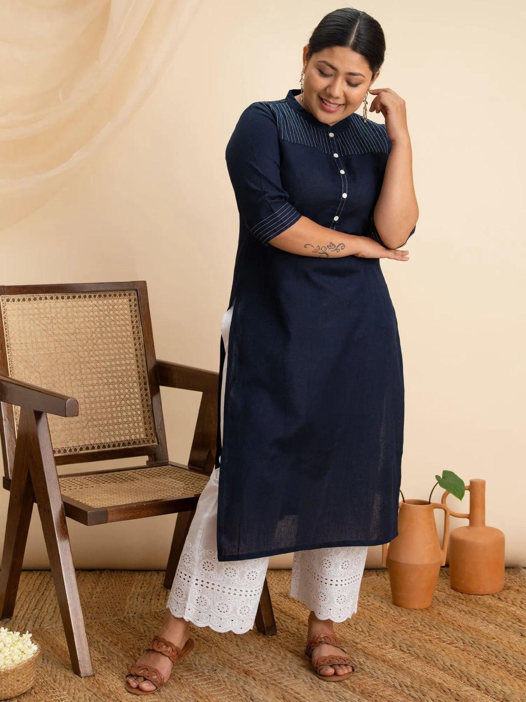 Plus Size Navy Blue Solid Cotton Kurta - Libas