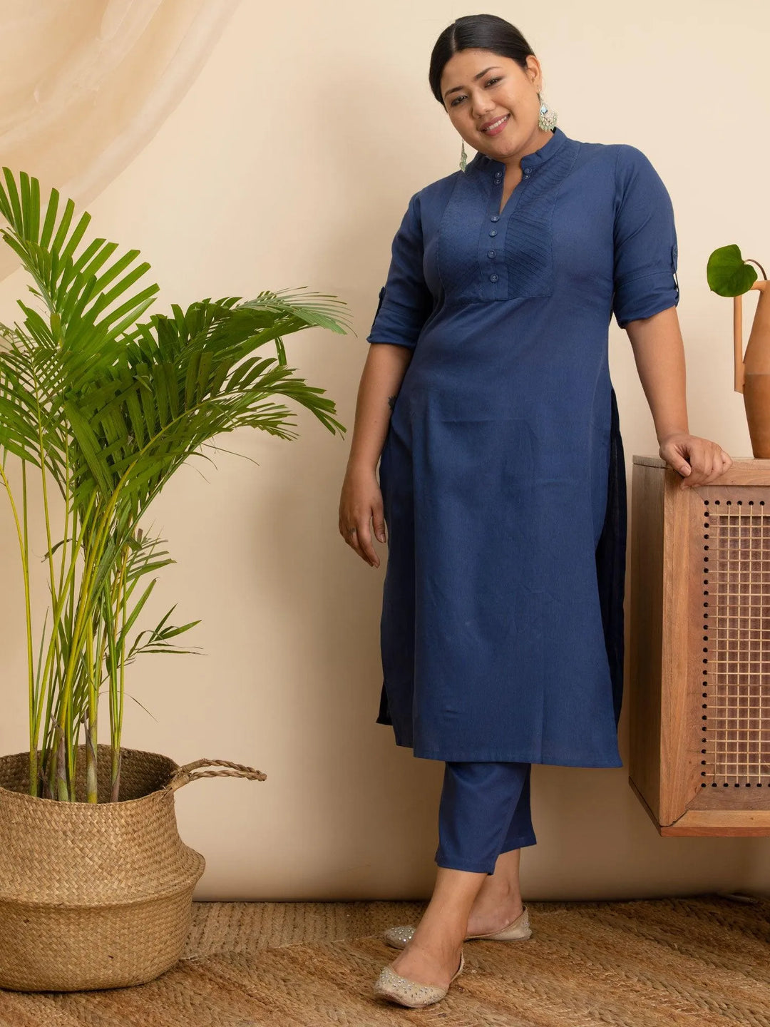 Plus Size Navy Blue Solid Cotton Kurta - Libas