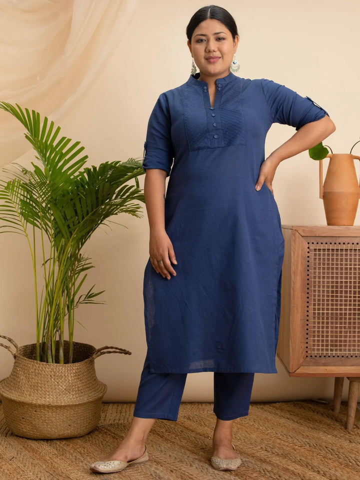 Plus Size Navy Blue Solid Cotton Kurta - Libas