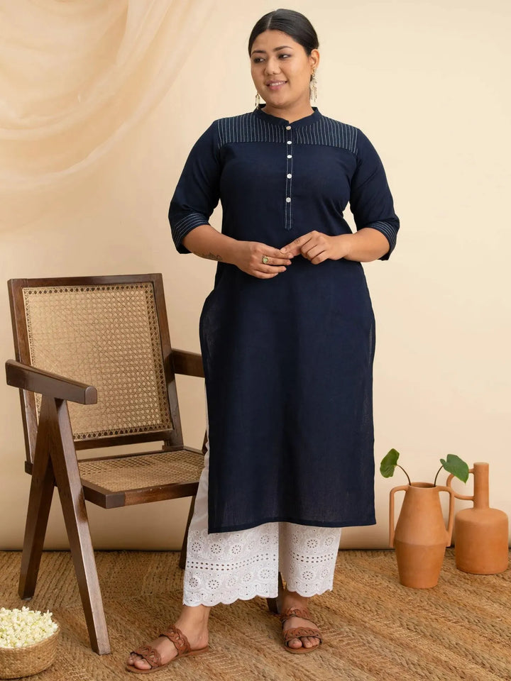 Plus Size Navy Blue Solid Cotton Kurta - Libas