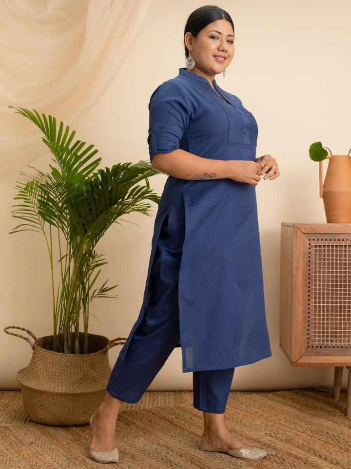 Plus Size Navy Blue Solid Cotton Kurta - Libas