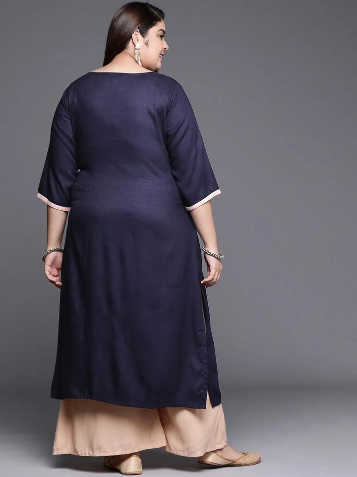 Plus Size Navy Blue Solid Wool Kurta - Libas