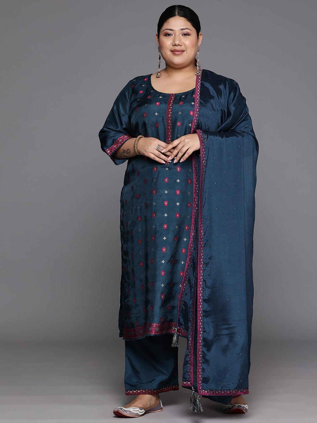 Plus Size Navy Blue Woven Design Silk Blend Straight Suit Set - Libas