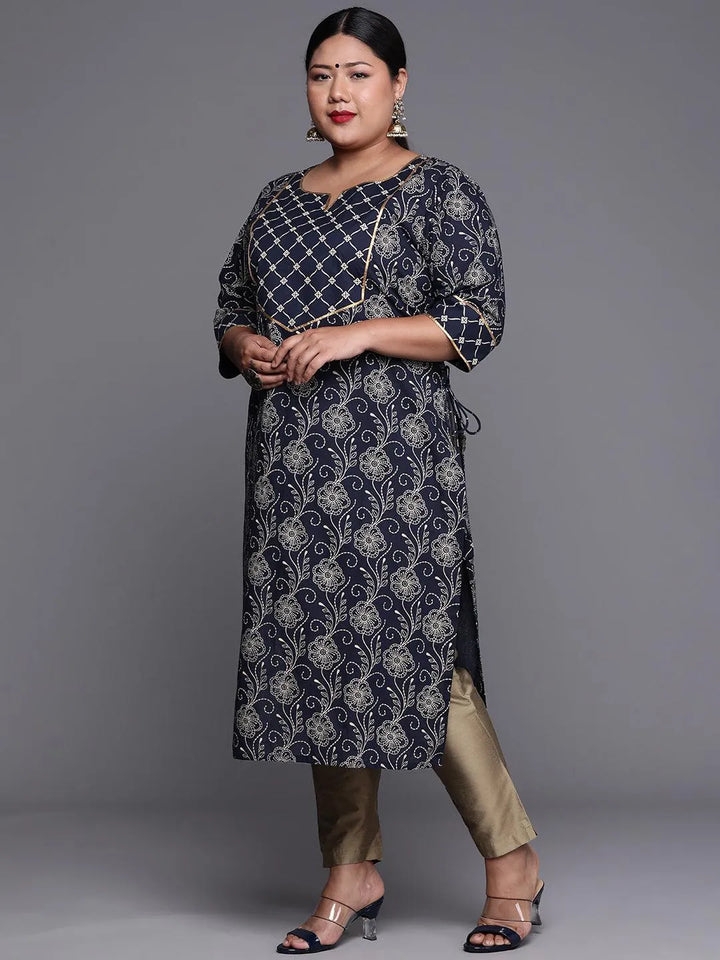 Plus Size Navy Blue Yoke Design Cotton Kurta - Libas