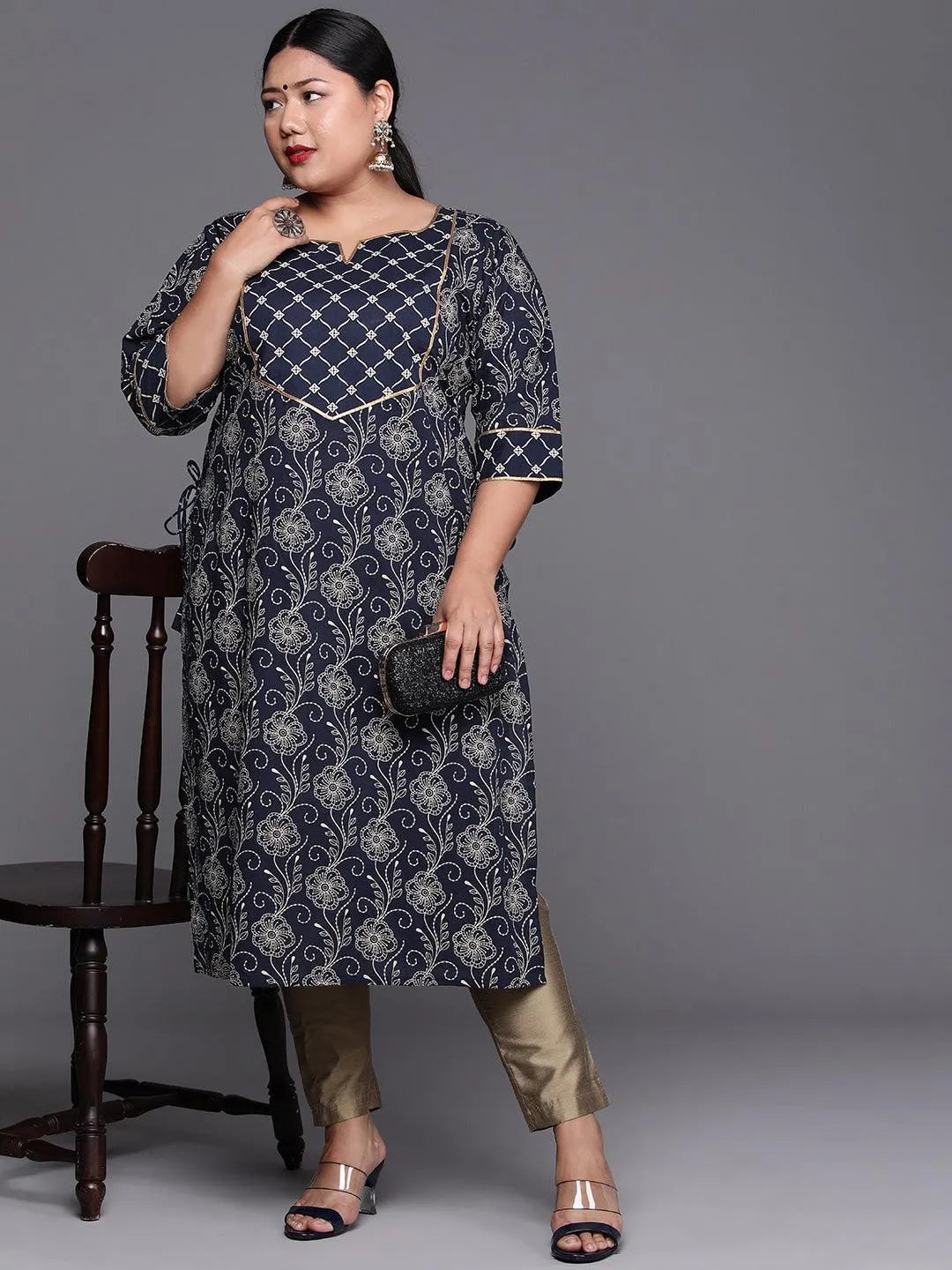 Plus Size Navy Blue Yoke Design Cotton Kurta - Libas