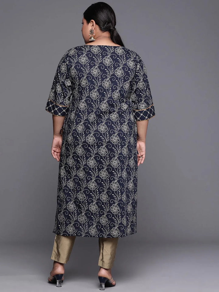 Plus Size Navy Blue Yoke Design Cotton Kurta - Libas